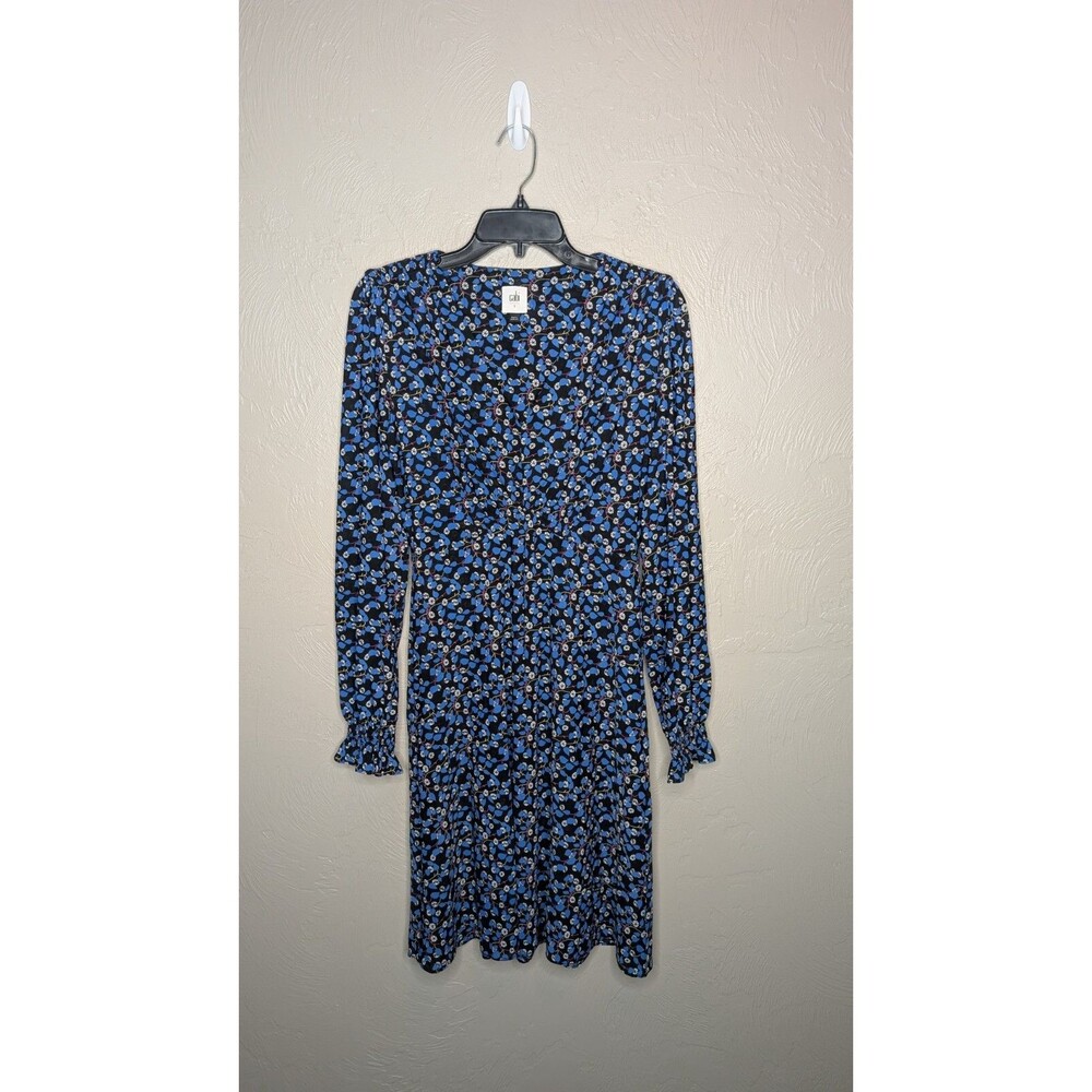 Cabi #5772 Womens Small Black Blue The Ten Floral Mesh Long Sleeve V-Neck Dress